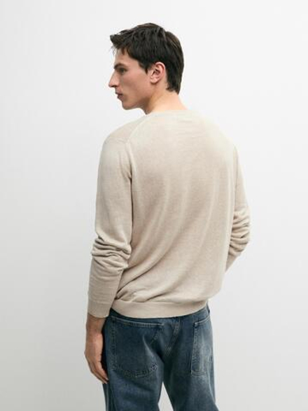 Massimo Dutti Вязаный льняной свитер с круглым вырезом, бежевый