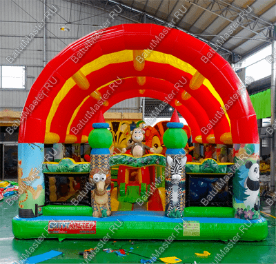 Надувной батут "Зверята с крышей 3" со скалодромом, 11*7*6 м
