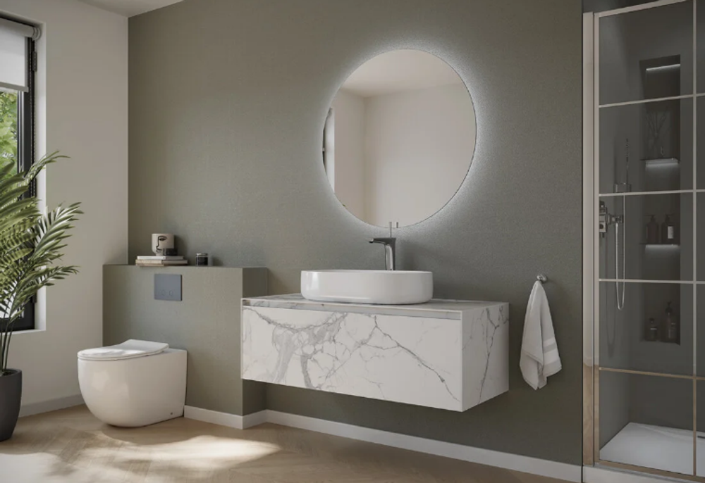 Тумба подвесная SANCOS Stone из керамогранита с одним выдвижным ящиком и столешницей из керамогранита 1200х400х495, керамогранит Statuario white, арт. ST120SV