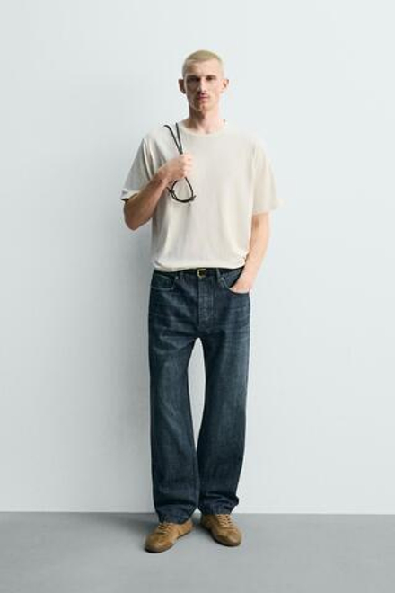 ZARA ФУТБОЛКА REGULAR FIT ИЗ СМЕСОВОГО ХЛОПКА, СВЕТЛО-БЕЖЕВЫЙ