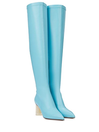 Женские бирюзовые ботфорты с жемчужным каблуком