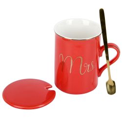Кружка фарфоровая с крышкой и ложкой "Mrs" (красная) v=340 мл (подарочная упаковка)