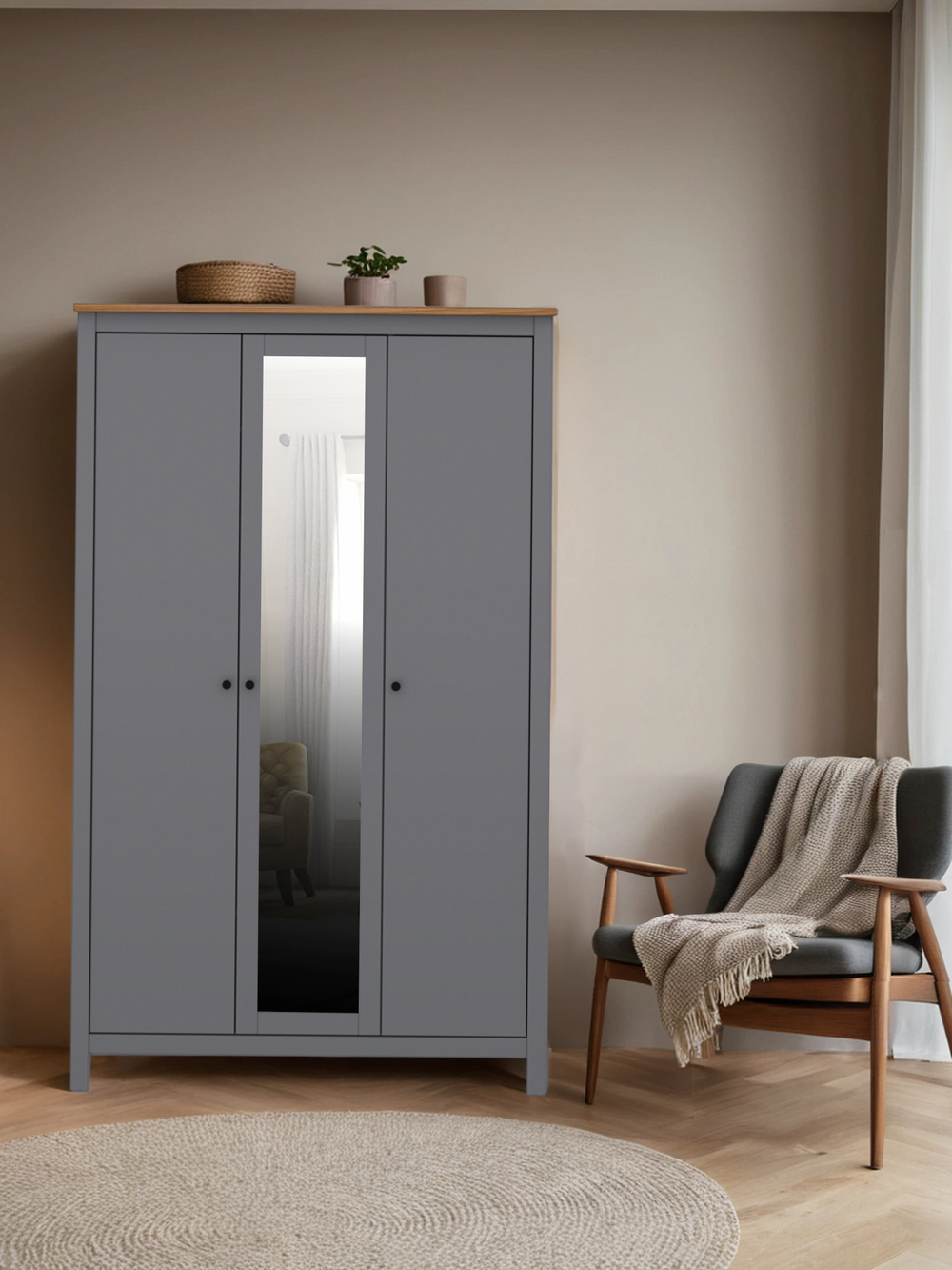 Шкаф Сага 3 двери с зеркалом, 132х64.6х215.5 см, серый/ясень