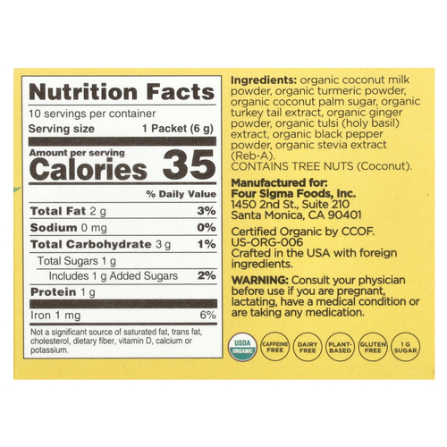 Four Sigmatic, смесь для приготовления органического золотого латте с трутовиком разноцветным, без кофеина, 10 пакетиков по 6 г (0,21 унции)