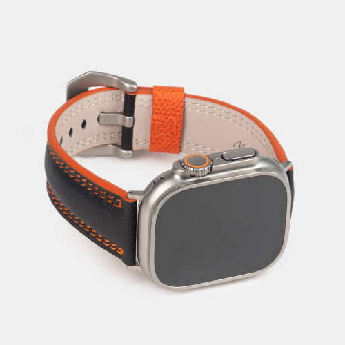 Ремешок для Apple Watch Ultra 49mm из кожи теленка черного цвета с оранжевой строчкой