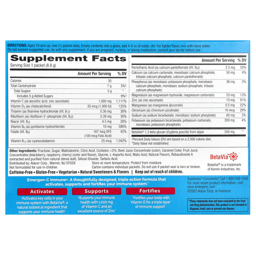 Emergen-C, Immune+, витамин C, витамин D и цинк, малина, 30 пакетиков по 8,8 г (0,31 унции)