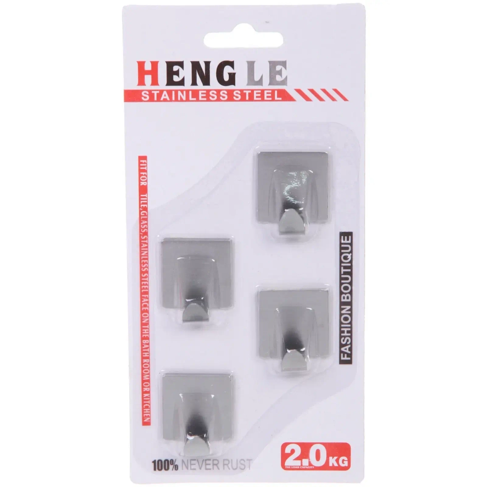 Крючки в наборе 4шт из нержавеющей стали на липкой основе «БАСТОФ», форма квадрат, нагрузка 2кг/2,5см