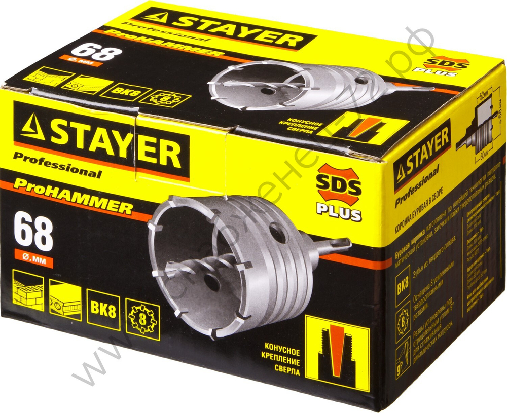 STAYER 68 мм, SDS-plus, 8T, Коронка по бетону с оснасткой (29190-68)