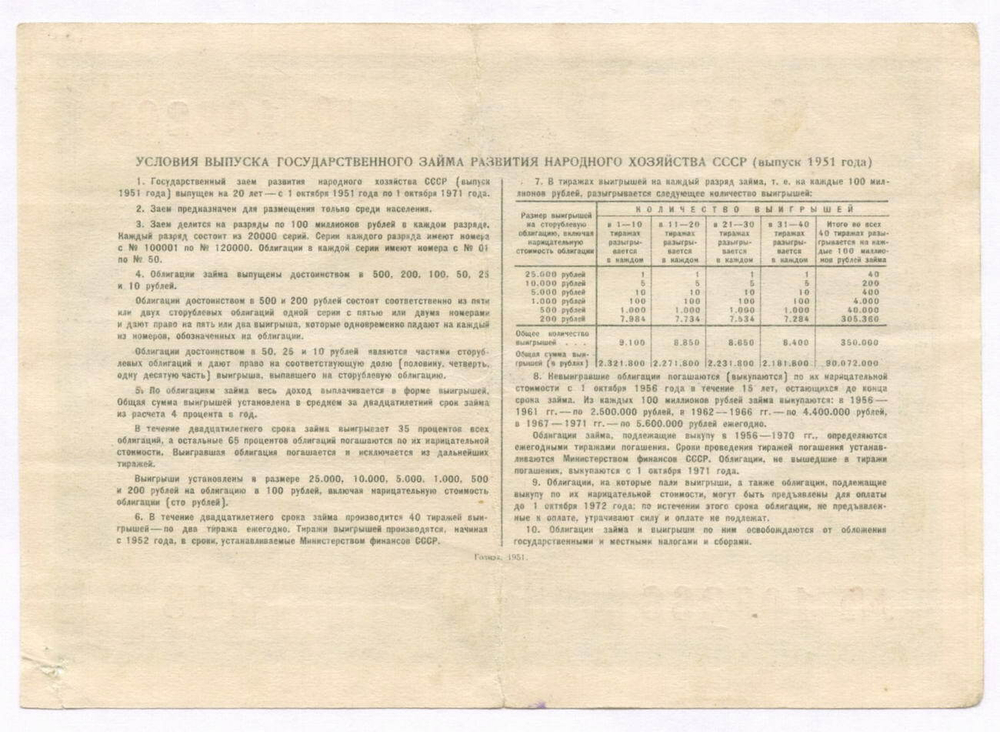 Облигация 10 рублей 1951 год. Серия № 103266. F- (надрыв края)
