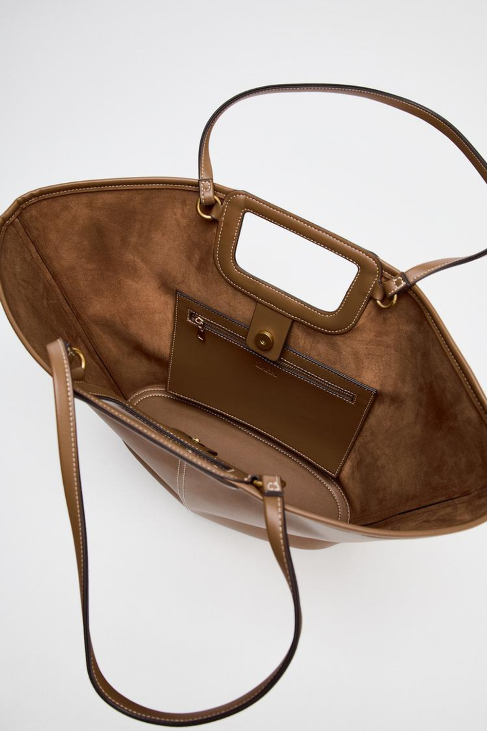 ZARA БОЛЬШАЯ СУМКА-ШОПЕР С ДЕКОРАТИВНОЙ СТРОЧКОЙ, ТЕМНЫЙ РЫЖЕВАТО-КОРИЧНЕВЫЙ