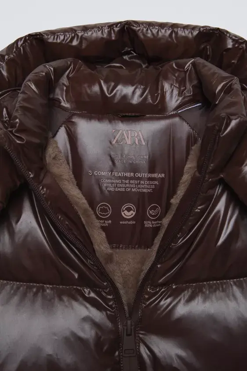 ZARA ПУХОВИК С НАПОЛНИТЕЛЕМ ИЗ ПЕРА И ПУХА WATER REPELLENT, ТЕМНО-КОРИЧНЕВЫЙ