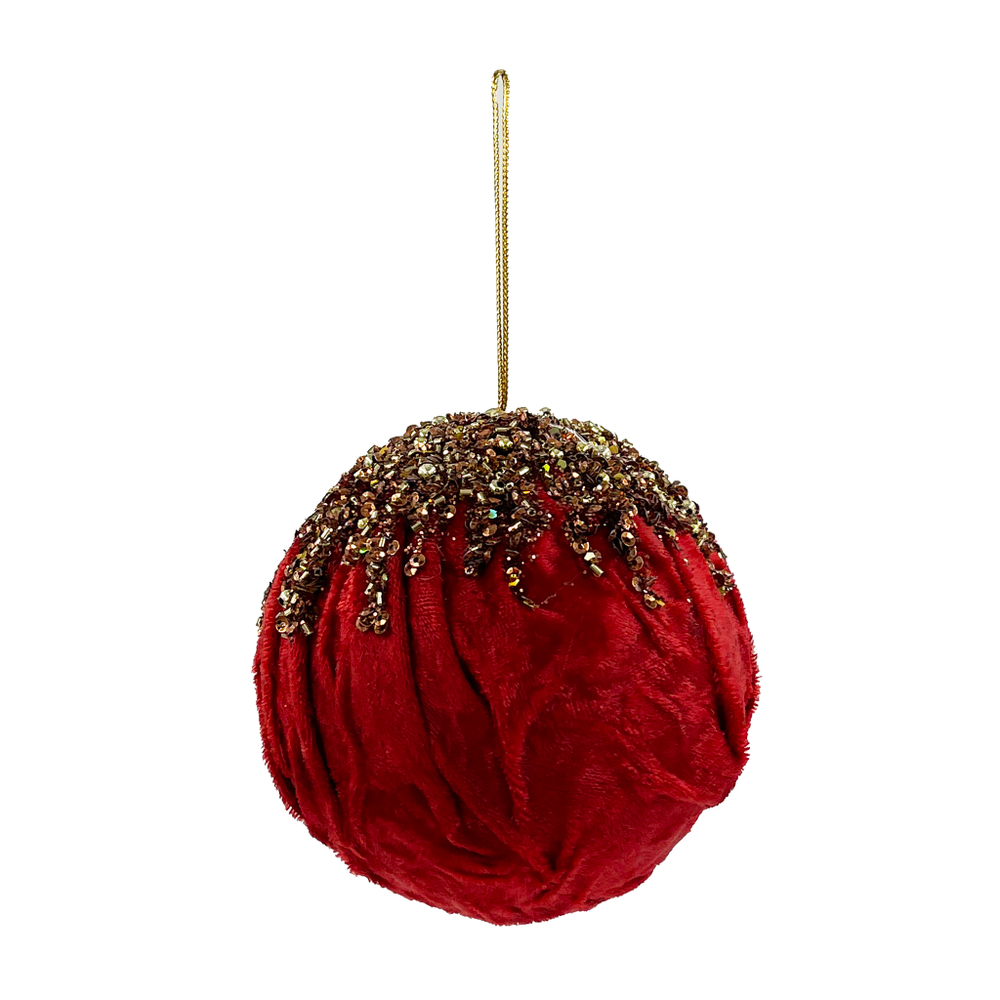 Елочная игрушка Шар красный 10см ChristmasDeLuxe жатый бархат с бисером и пайетками