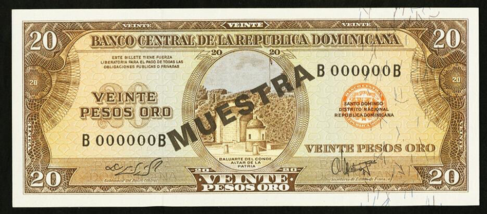 ДОМИНИКАНСКАЯ РЕСПУБЛИКА, ND (1964-74), 20 PESOS ORO [MUESTRA] [SPECIMEN]
