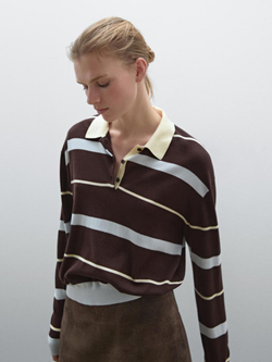 Massimo Dutti Свитер в полоску с воротником поло, шоколадный