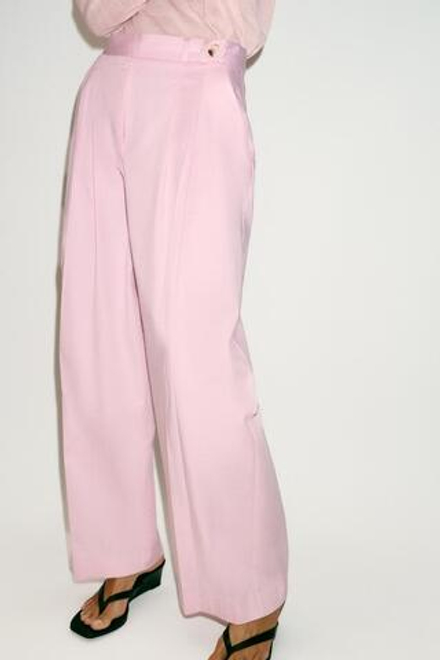 ZARA БРЮКИ С ШИРОКИМИ ШТАНИНАМИ И ЗАЩИПАМИ, РОЗОВЫЙ