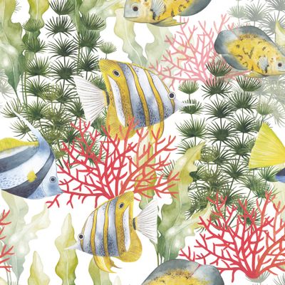 Тропические рыбки и водоросли нарисованные акварелью