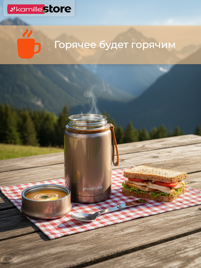 Термос для еды 800 мл. Kamille KM 2148 из нержавеющей стали с ложкой и ручкой