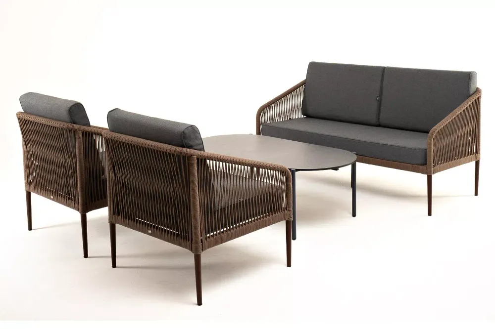 "Канны" лаунж-зона 4-местная из роупа со столом "Верона" (серый гранит), каркас алюминиевый коричневый, роуп коричневый