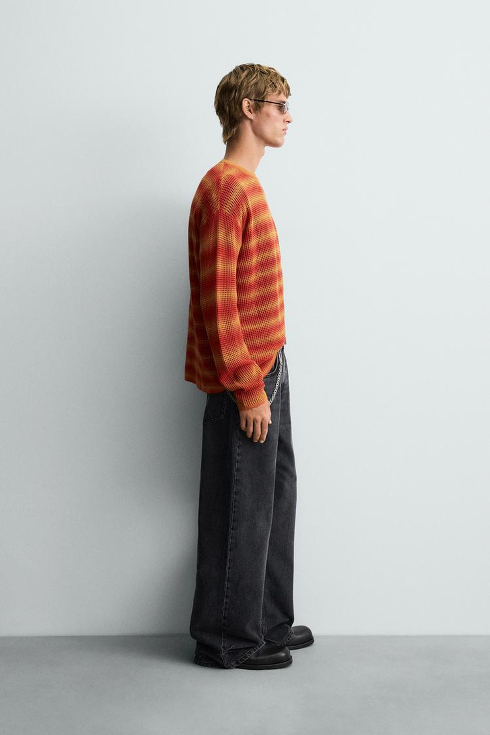 ZARA СВИТЕР В ПОЛОСКУ С АЖУРНЫМ УЗОРОМ, ОРАНЖЕВЫЙ