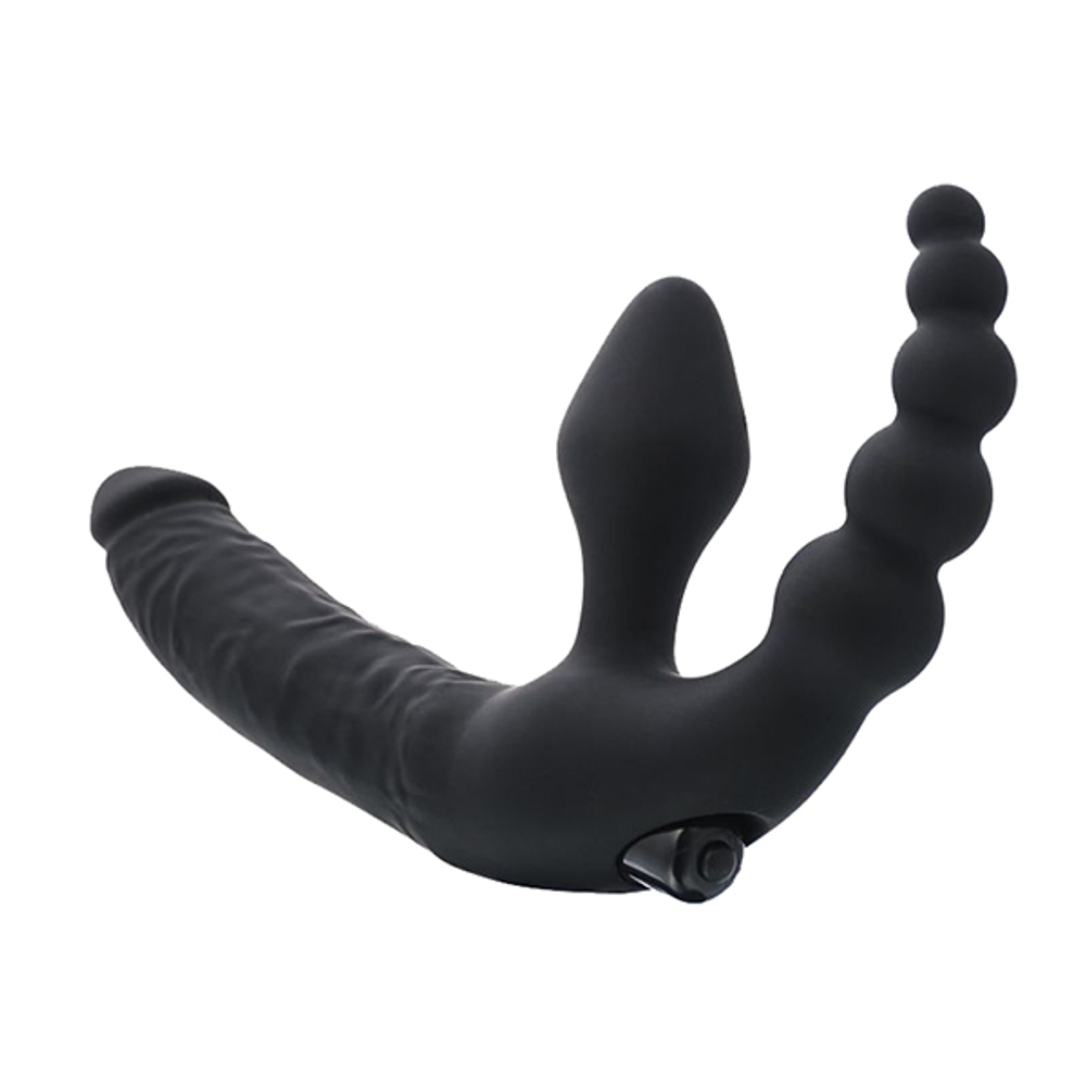 Чёрный безремневой страпон 15см с вибрацией и анальным отростком 7см ToyFa Black&Red 901401-5