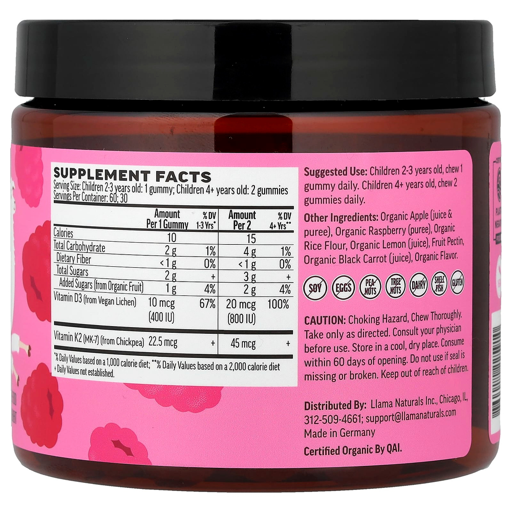 Llama Naturals, витамины D3 и K2 для детей, настоящие фруктовые жевательные таблетки, со вкусом малины, 60 жевательных таблеток