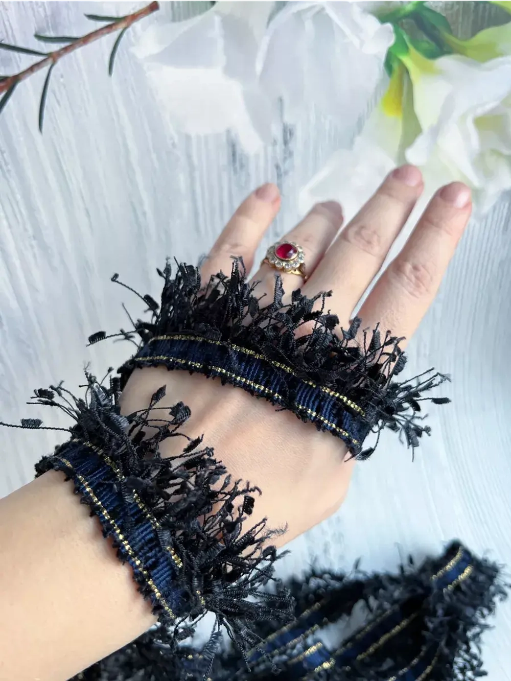 Тесьма с бахромой твидовая букле травка 35мм (1,5м в уп)