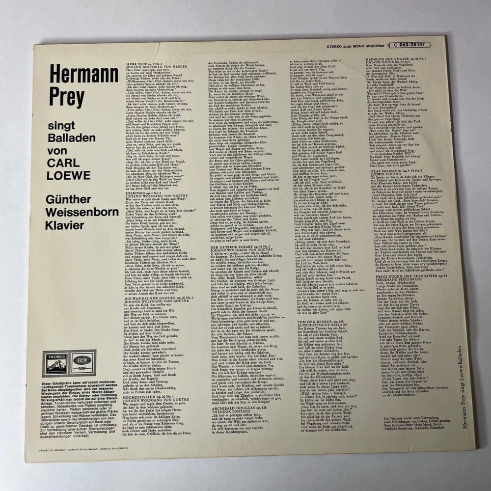 Винтажная виниловая пластинка LP Герман Оскар Карл Бруно Прей Hermann Prey, Carl Loewe, Gunther Weissenbor, Hermann Prey Singt Balladen Von Carl Loewe (Германия 1966)