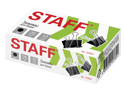 Зажимы для бумаг STAFF "EVERYDAY", КОМПЛЕКТ 12 шт., 25 мм, на 100 листов, черные, картонная коробка, 224607