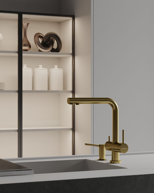 Смеситель для кухни Abelsberg Pura OTF70709BG c вытяжным изливом и возможностью подключения фильтра для воды, цвет королевское золото, PVD покрытие