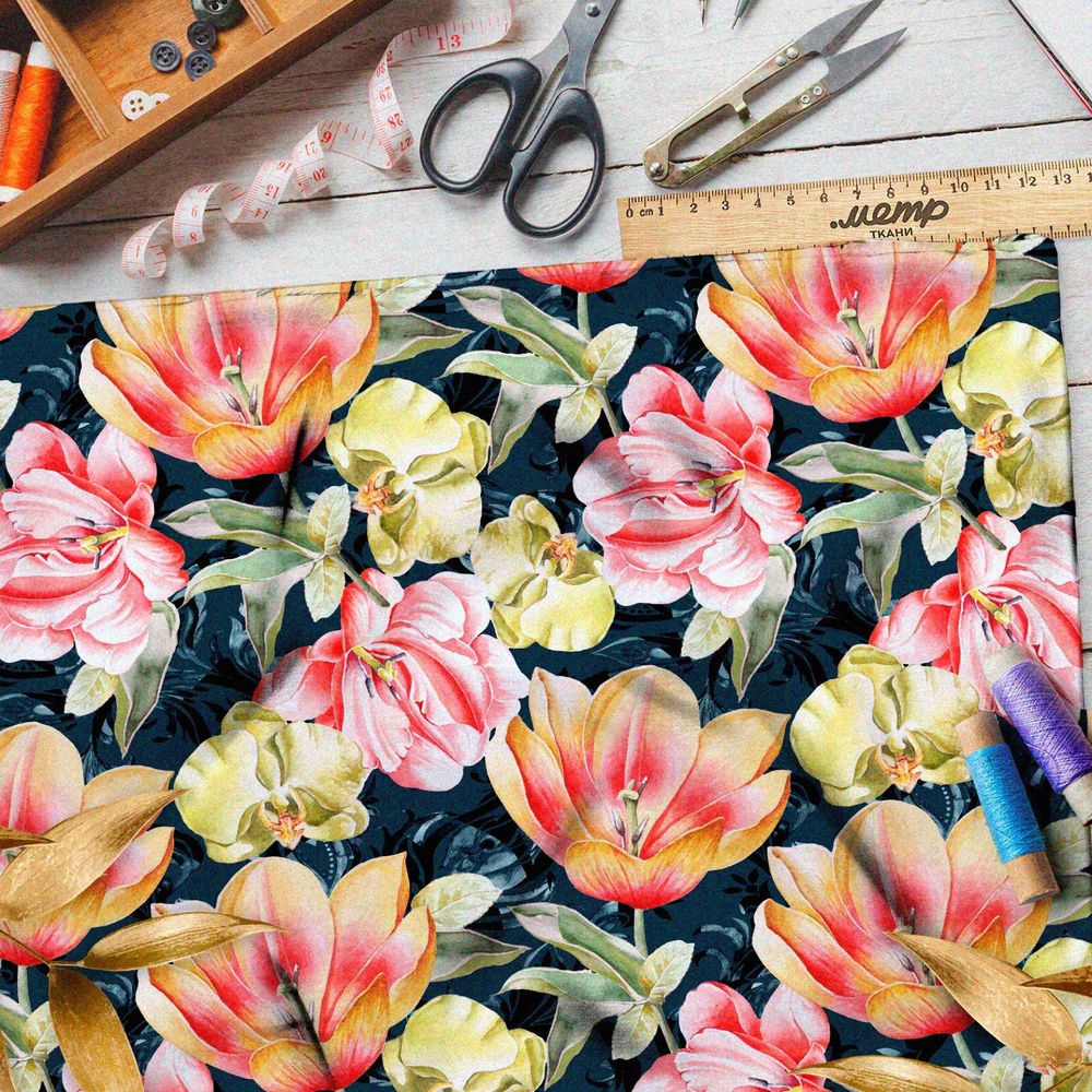 Ткань оксфорд 600 живые садовые цветы и орхидеи на чёрном фоне