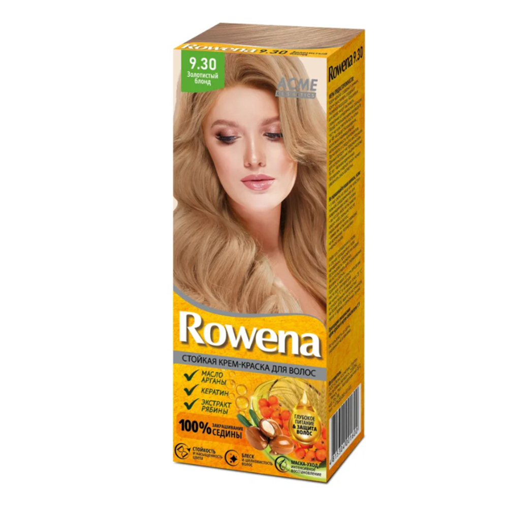 "ROWENA" Стойкая Крем-краска для волос тон 9,30 Золотистый Блонд (100% закрашивание седины) 115 мл