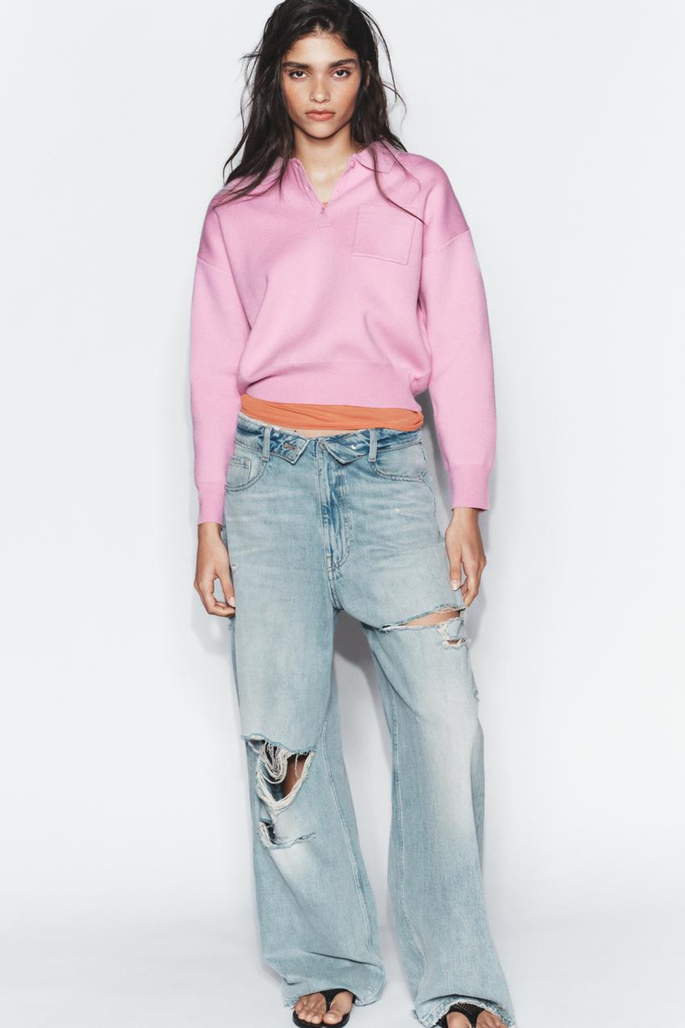 ZARA ПОЛО ИЗ ТРИКОТАЖА С КАРМАНОМ, ПАСТЕЛЬНО-РОЗОВЫЙ