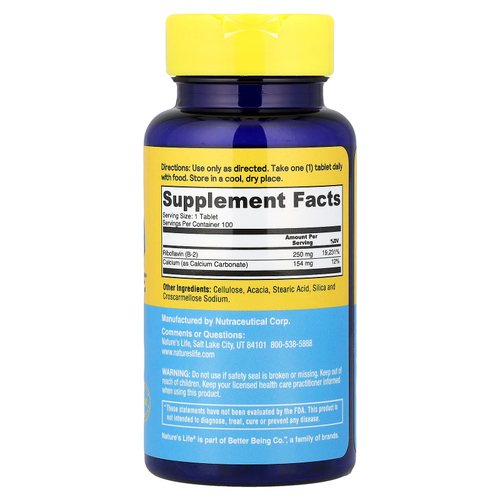 Nature's Life, витамин B2, для повышения уровня энергии, 100 таблеток