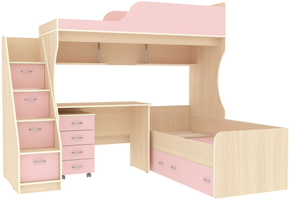Двухъярусная кровать КарИВи Дуэт-5 с лестницей Комод КарИВиом  Дуб Молочный Розовый