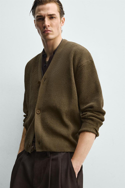 ZARA КАРДИГАН СВОБОДНОГО КРОЯ В РУБЧИК, ХАКИ