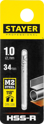 STAYER PROFI 1.0х34мм, Сверло по металлу HSS-R, быстрорежущая сталь М2(S6-5-2)