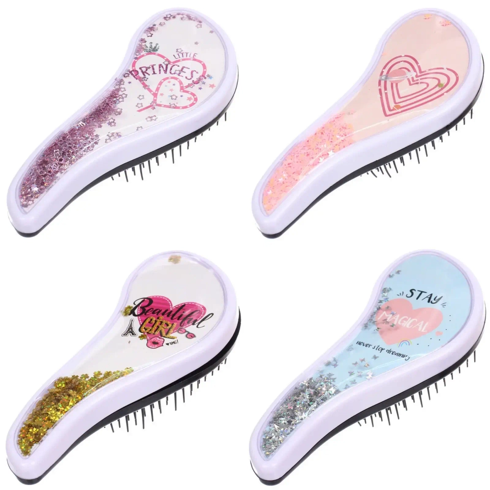 Расческа массажная компактная «АМОР», блестки, микс 4 дизайна, 18*7,5см (PVC коробка)