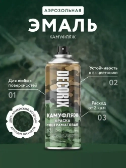 Краска зеленая камуфляжная аэрозольная матовая DECORIX - светопоглощающая краска Зеленый камуфляж в баллончике 520 мл