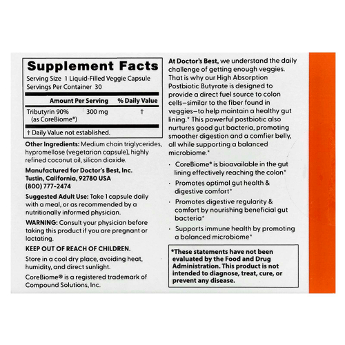 Doctor's Best, Постбиотический бутират с высокой усвояемостью, 30 растительных капсул с жидкостью (300 мг на капсулу)