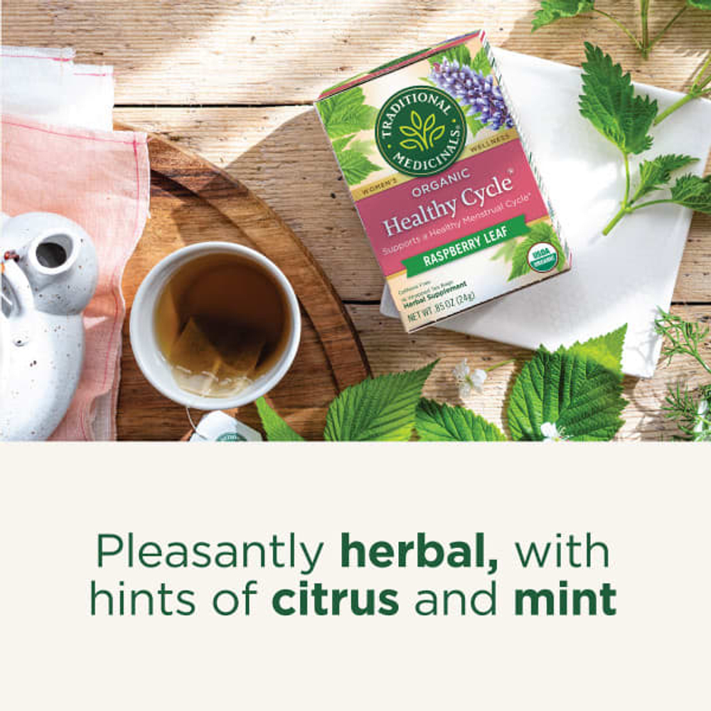 Traditional Medicinals, Organic Healthy Cycle®, листья малины, без кофеина, 16 упакованных чайных пакетиков, 24 г (0,85 унции)