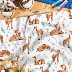 Ткань атлас оленята из мультиков на белом фоне с листвой