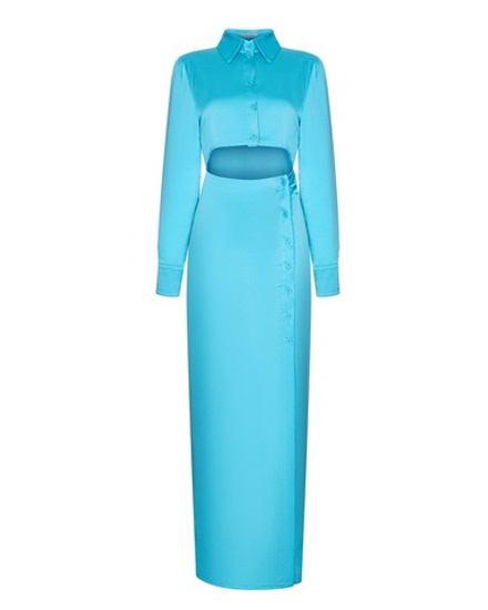 Платье макси с рукавом из сатина и вырезом на животе, бирюзовый