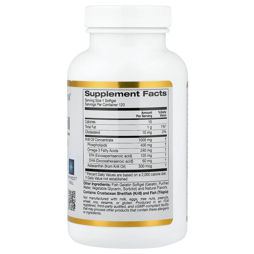 California Gold Nutrition, масло антарктического криля, комплекс фосфолипидов из омега-3 с астаксантином, натуральный вкус клубники и лимона, 120 капсул из рыбьего желатина