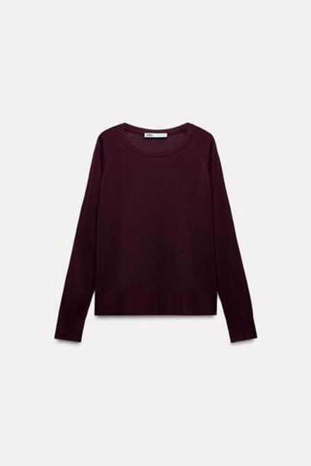 ZARA БАЗОВЫЙ ДЖЕМПЕР ИЗ ТОНКОГО ТРИКОТАЖА, ЦВЕТ БУРГУНДСКОГО ВИНА