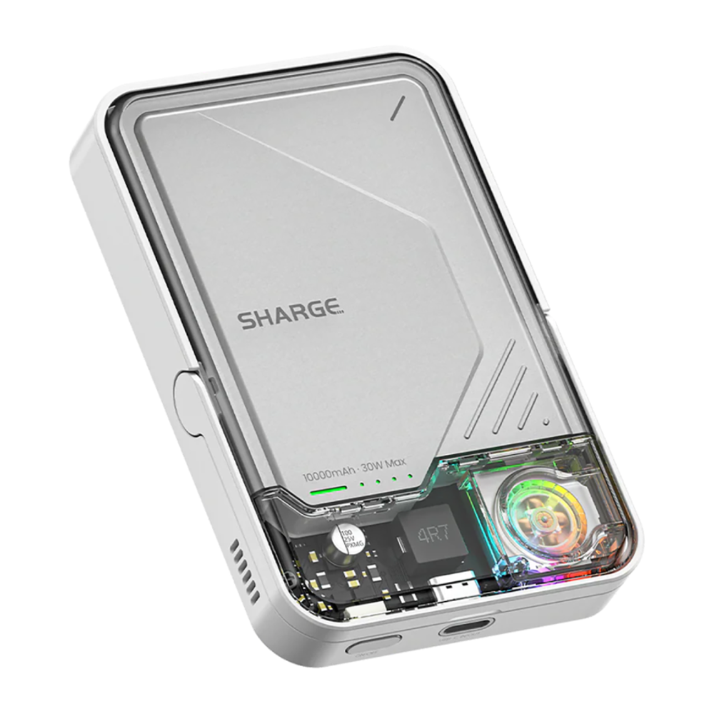 Внешний аккумулятор MagSafe с подставкой и активным охлаждением SHARGE ICEMAG 2 (Qi2) (10000 мА·ч) Беспроводная зарядка: Qi 15 Вт. Проводная зарядка: USB-C. Сертификация Qi2. Есть LED-индикация, RGB-подсветка, поддержка PD 3.0, QC 3.0, PPS, AFC, SCP и FCP