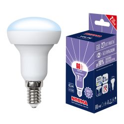 LED-R50-7W-6500K-E14-FR-NR Лампа светодиодная. Форма Рефлектор. матовая. Серия Norma. Дневной белый свет 6500K. Картон. ТМ Volpe