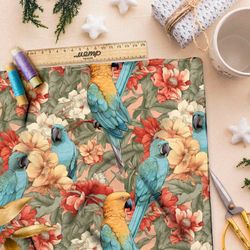 Ткань премиум флис попугаи в листве