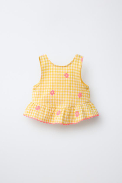 ZARA ТОП В КЛЕТКУ ВИШИ С ВЫШИВКОЙ «ЦВЕТЫ», ЖЕЛТЫЙ