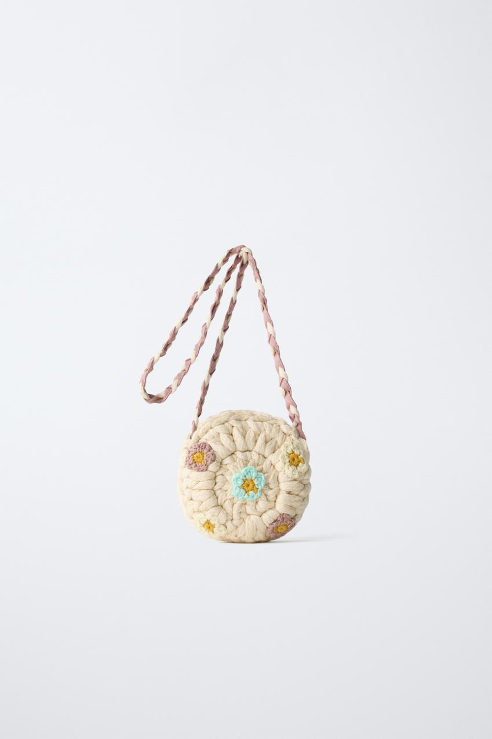 ZARA ВЯЗАНАЯ СУМКА С ЦВЕТОЧНЫМ ДЕКОРОМ, ЭКРЮ