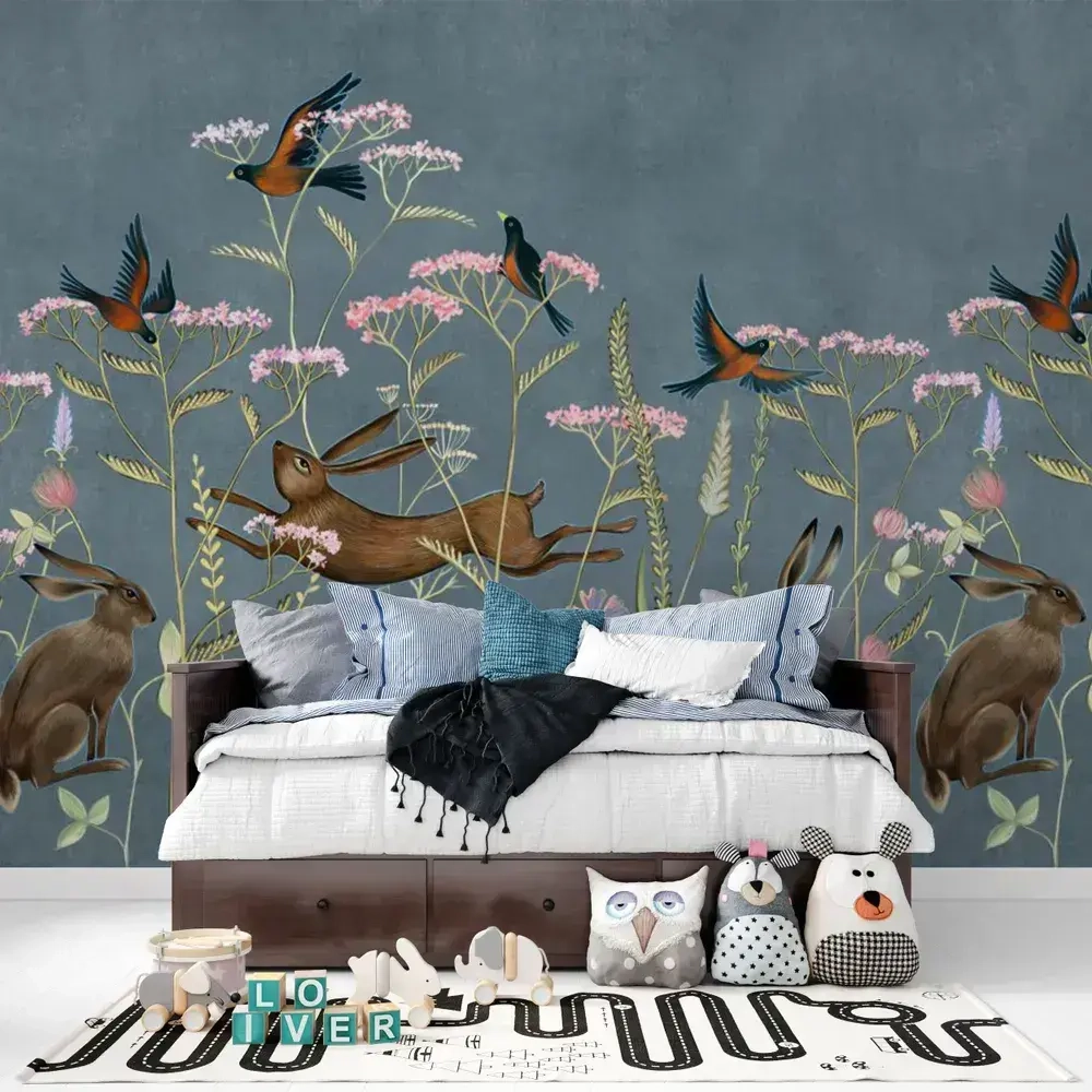 Фотообои флизелиновые ФабрикаФресок Зайцы в цветах 300х270см, обои в детскую, в спальню, гостиную
